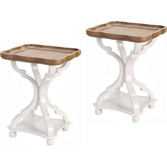 Set of 2 Rustic Farmhouse Cottagecore Accent End Table, Natural Tray Top Side Table Nightstand for Family, Dinning or Living Room, Handcrafted Finish, Modern, White