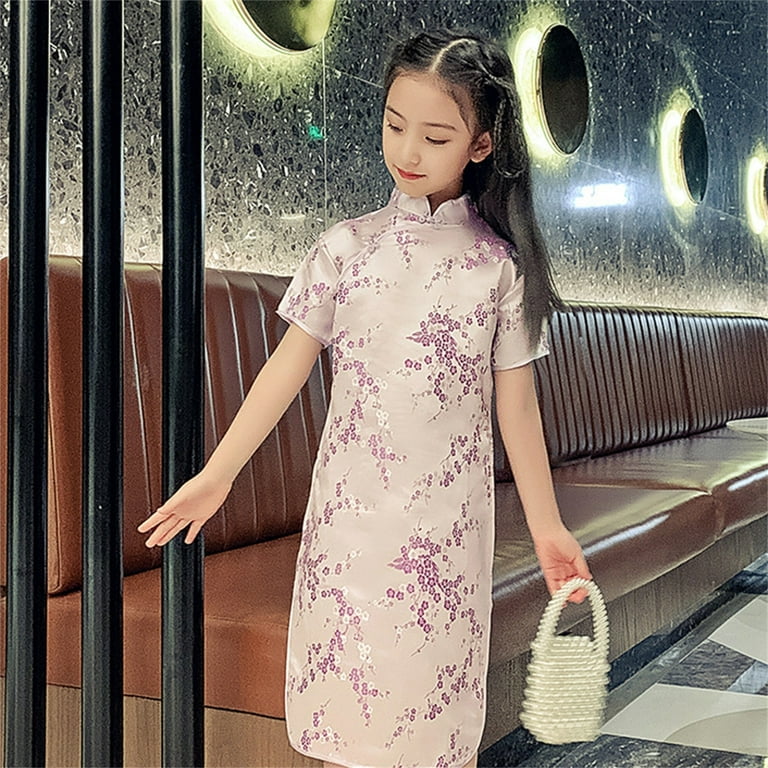 Mercatoo Girls Chinese Floral Cheongsam Dress Elegant Chinese Traditional  Short Sleeve Dress Cute Slim Qipao Dresses - Walmart.com
