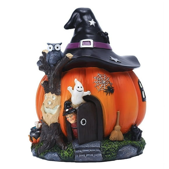 One Piece Halloween Pumpkin House Status with Witch Hat, Orange Pumpkin Fairytale House Statue Halloween Pumpkin House Decoration Resin Garden Witch-14*14.5*20cm