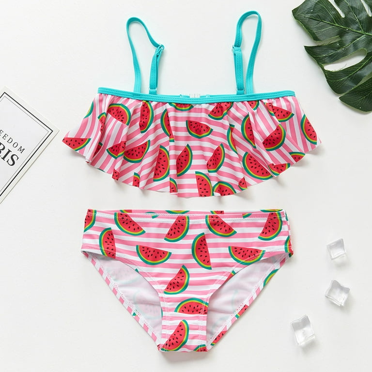 Vedolay Girls Summer Swimsuit Watermelon Striped Print Swimwear Set,Red 7/8  Years 