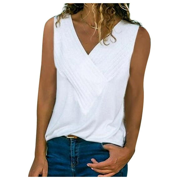 Wycnly Womens Tank Tops Loose Fit Breathable Personalized Tank Tops Summer Fashion Solid V-Neck Sleeveless Shirts Blouse White m