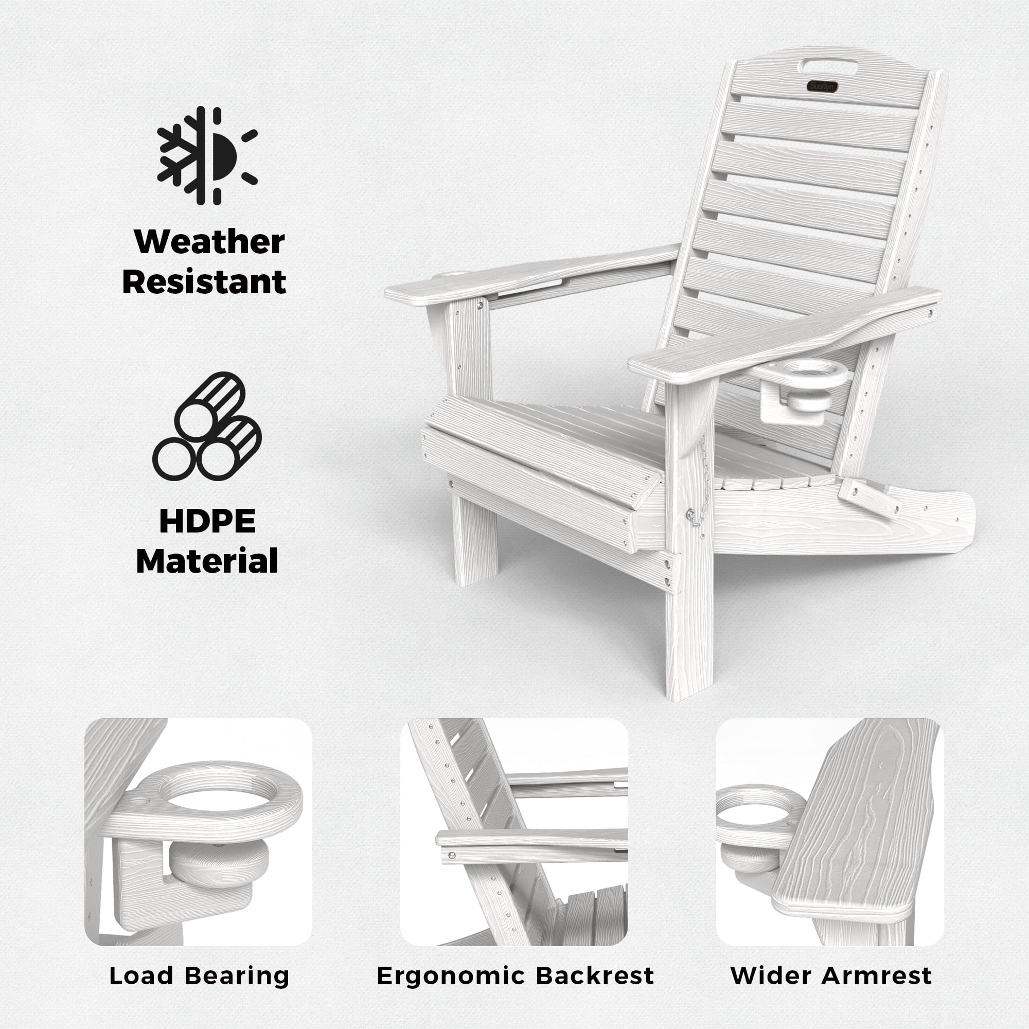 Folding HDPE Adirondack Chair, Weather Resistant Outdoor Fire Pit Patio Chair, White