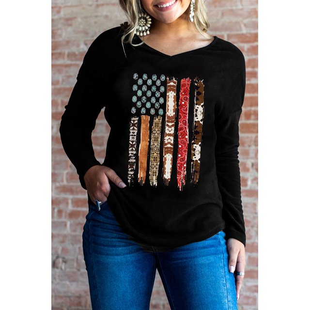 ABPHQTO Camiseta negra con cuello en V y estampado gráfico de la bandera americana occidental para mujer