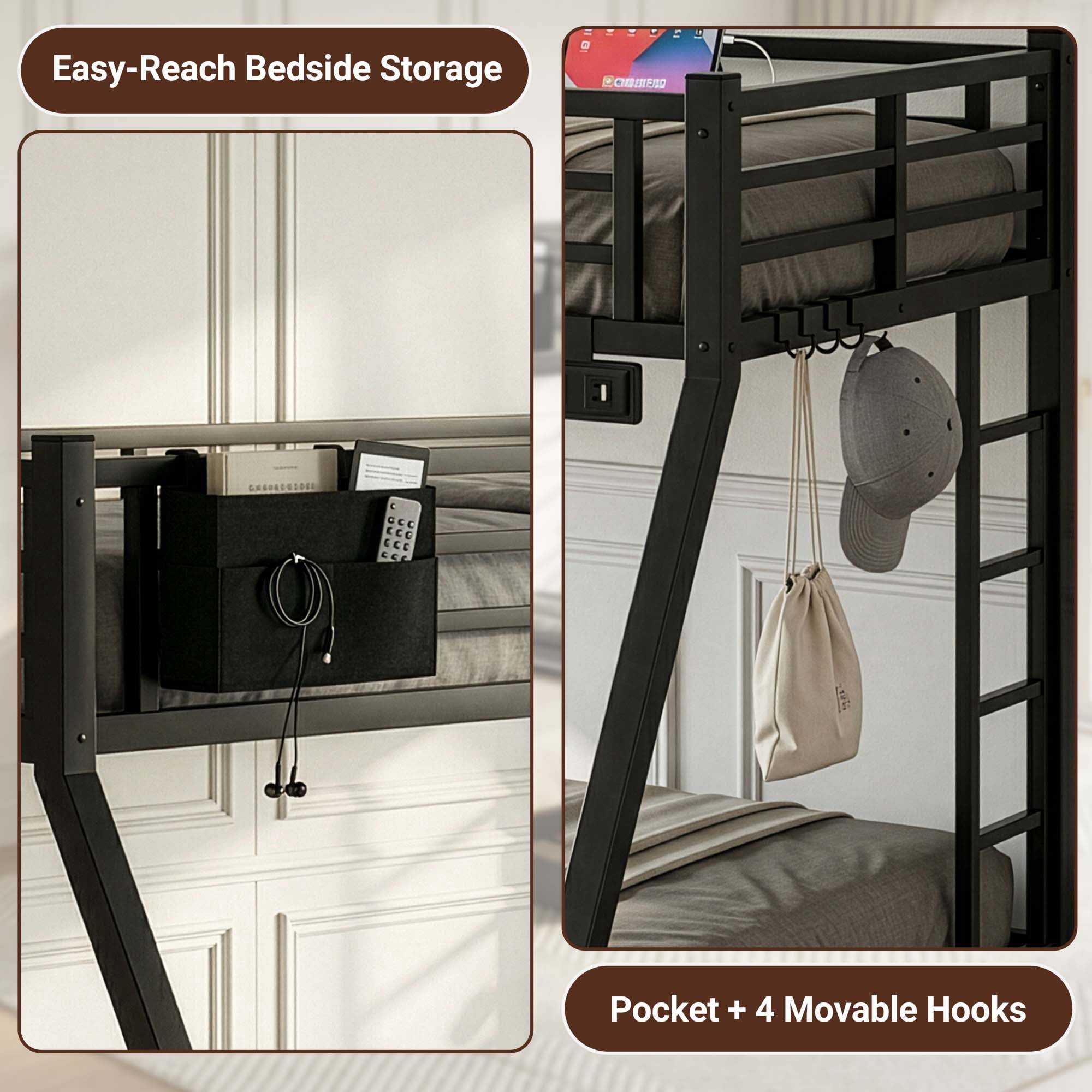 Miniyam Twin Over Full Metal Bunk Bed with Charging Station, LED and Storage for Teens and Adults, Black