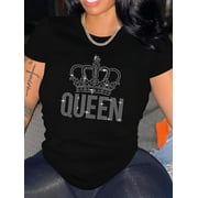 LovelyWholesale Women's Plus Size Rhinestone Queen Letter Decor T-shirt