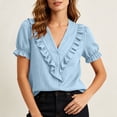 thumbnail image 5 of Womens Summer Tops Women's Summer Solid Color V-Neck Pleated Button Collar Puff Sleeve Top T-Shirt Blue Xl, 5 of 8