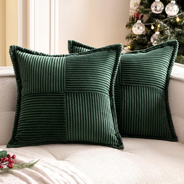 Juego de 2 fundas de almohada de pana navideñas de 18 x 18 pulgadas, color verde oscuro, súper suaves