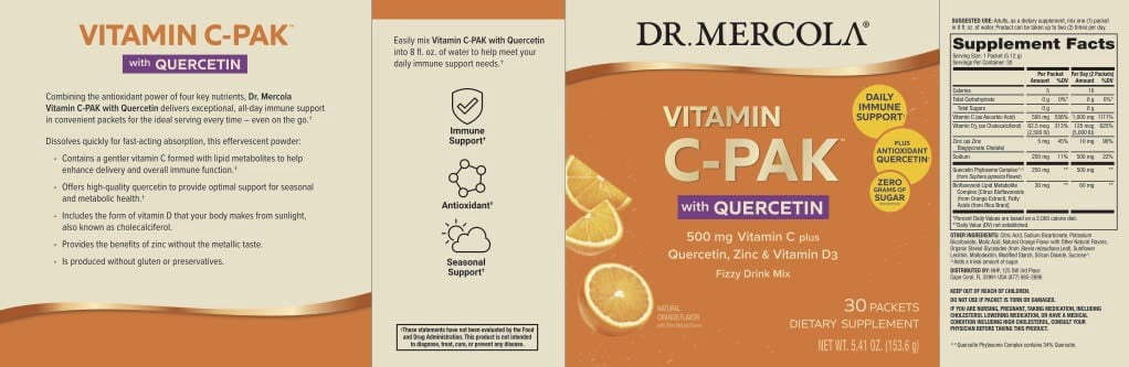 Dr. Mercola Vitamin C-Pak with Quercetin, 30 Servings (30 Packets), Fizzy Drink Mix, 500 mg Vitamin C, Zinc & Vitamin D3, Orange Flavor, Dietary Supplement, Immune Support, Non-GMO