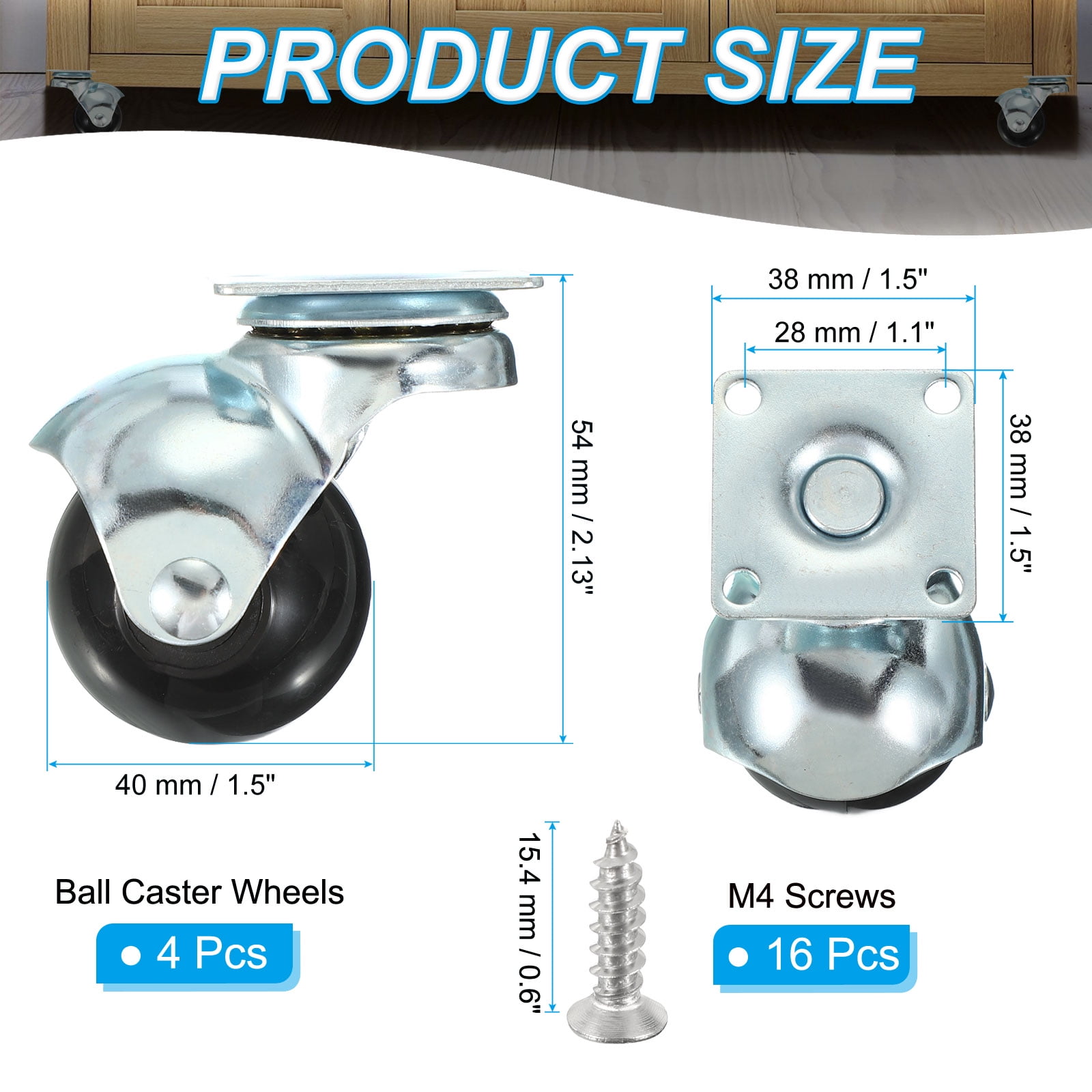 1.5 Inch Ball Casters 360 Rotating Top Plate Wheels for Furniture Silver 4 Pack