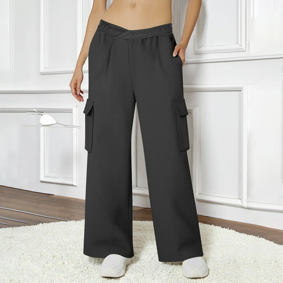 Women's Cargo Sweatpants Casual Elastic Waist Straight Leg Pants High Waisted Workwear Long Trousers with Pockets New Womens Casual Pants Dark Gray S