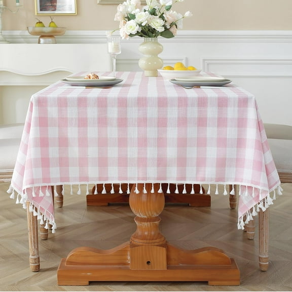 Pink Checkered Tablecloth Rectangle Washable Buffalo Plaid Table Cloth with Tassel Cotton Linen Gingham Table Cover for Dining Room, Pink, Rectangle, 55''x120'', 10-12 Seats