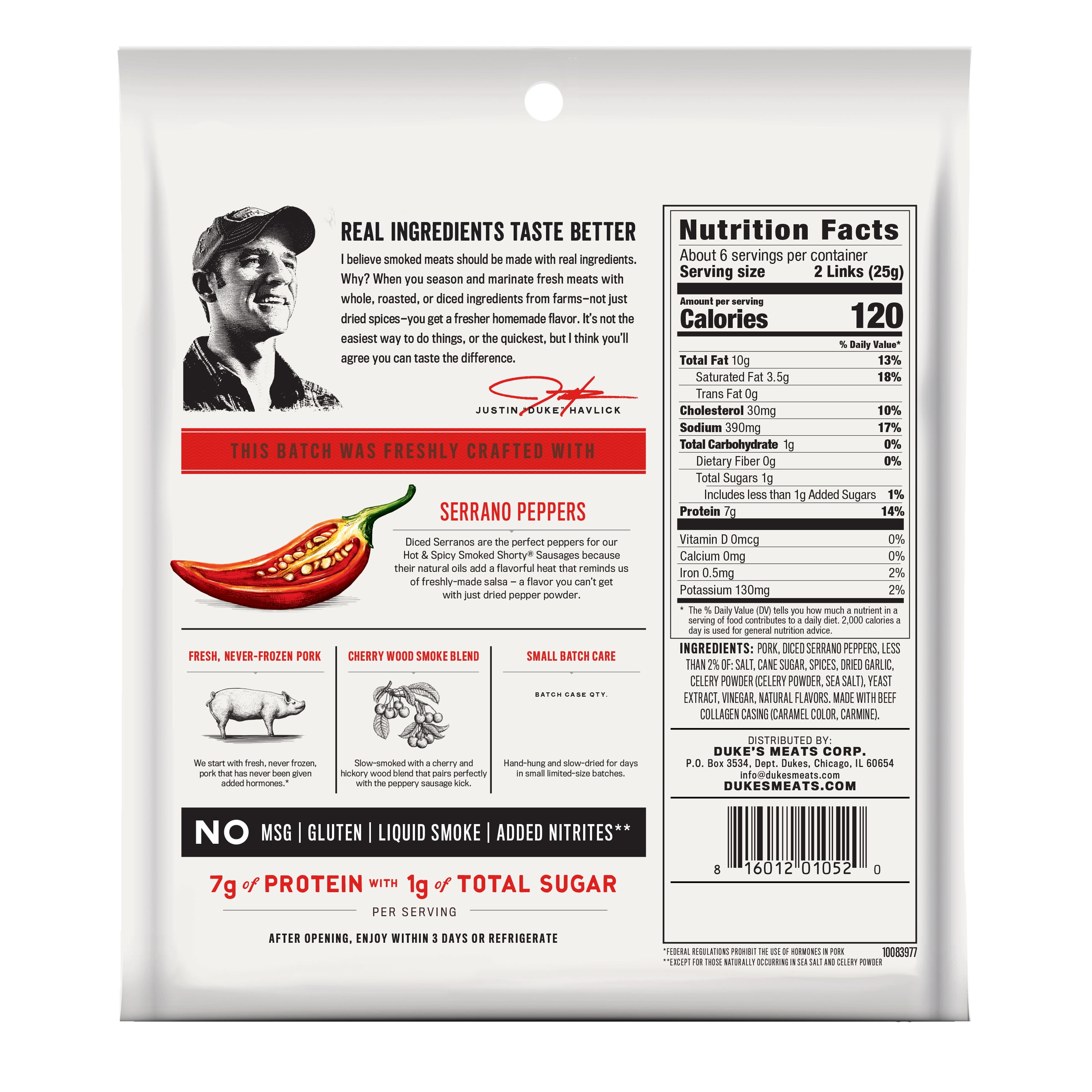 Duke's Smoked Shorty Sausages, Hot & Spicy, 5 Oz (Pack of 8)
