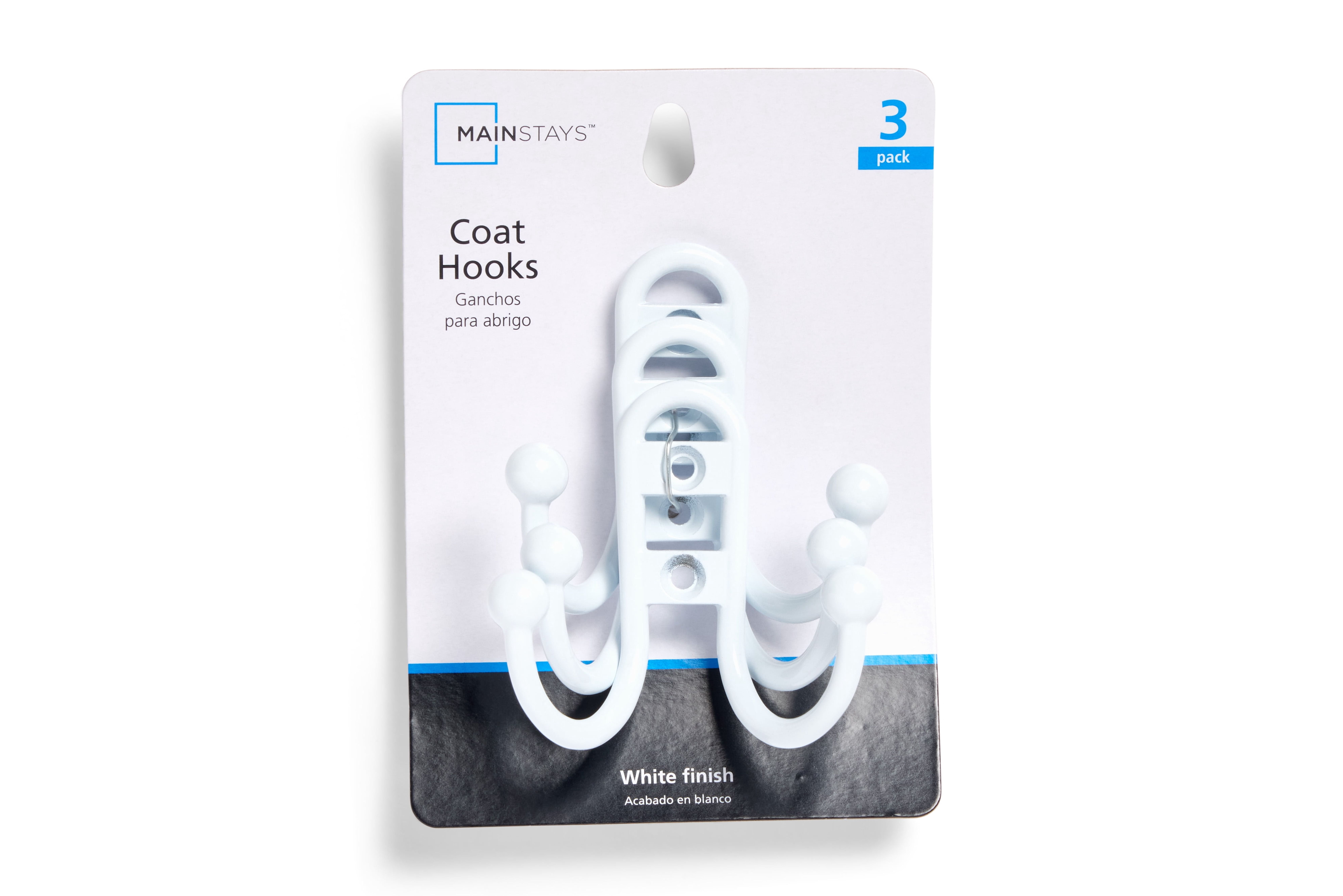 Mainstays, Double Hook White Metal Hooks, Clutter-Free Hooks for Hanging Towels and Coats, 10 lbs Capacity, 3 Pack
