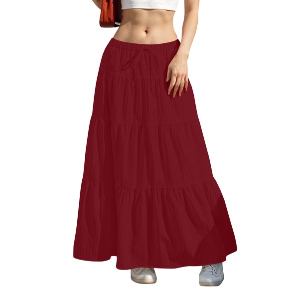 HWRETIE Fall Maxi Skirt,Women's Fashion Summer Casual Comfy Solid A-Line Long Skirts Elastic Waist Wine
