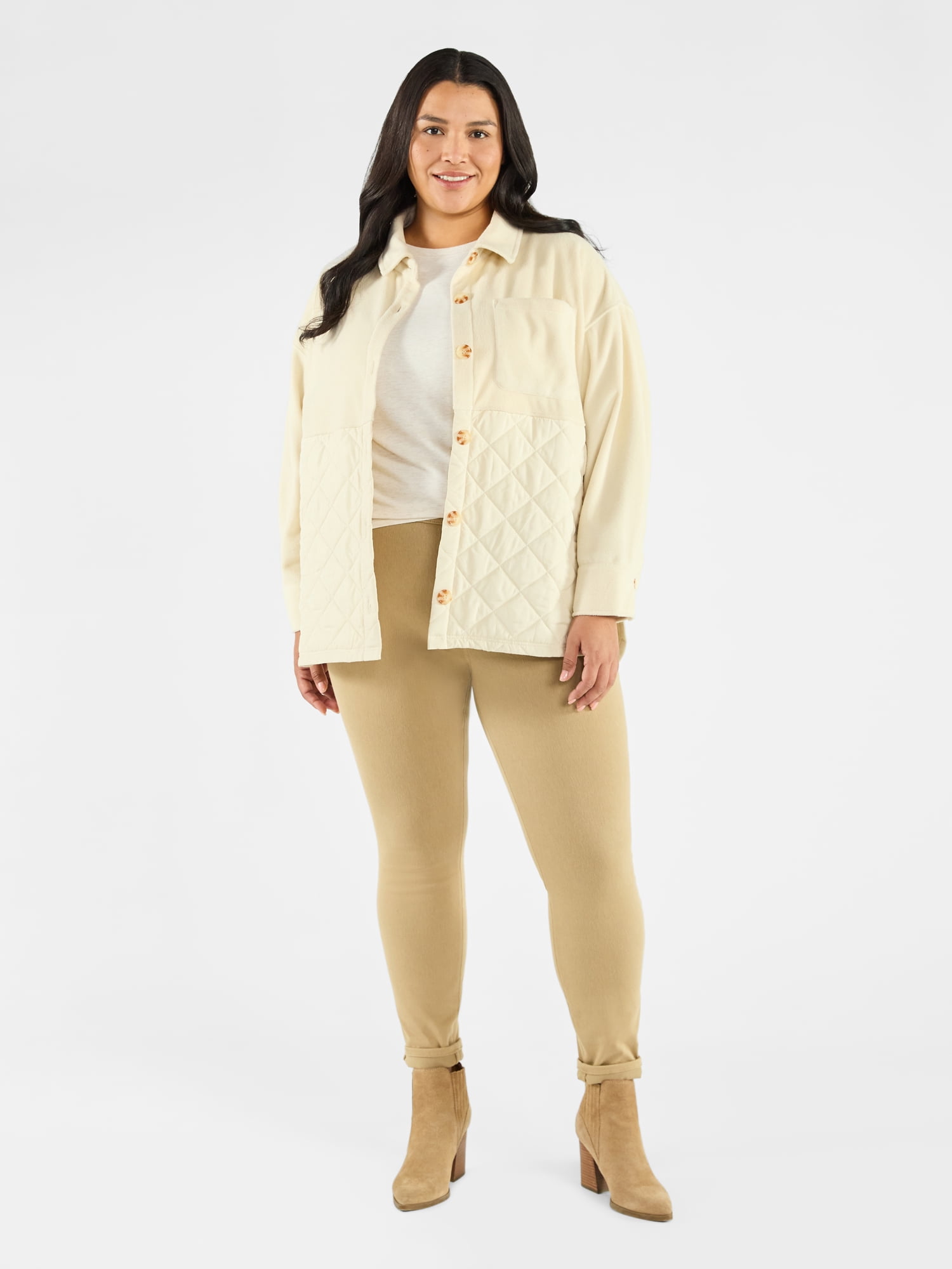 Terra & Sky Women's Plus Size Quilt Mix Button Front Shacket with Long Sleeves, Sizes 1X-5X