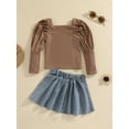 thumbnail image 3 of Seyurigaoka Kids Girl’s Solid Color Long Sleeve T-shirt and Denim Pleated Skirt Set, 3 of 9