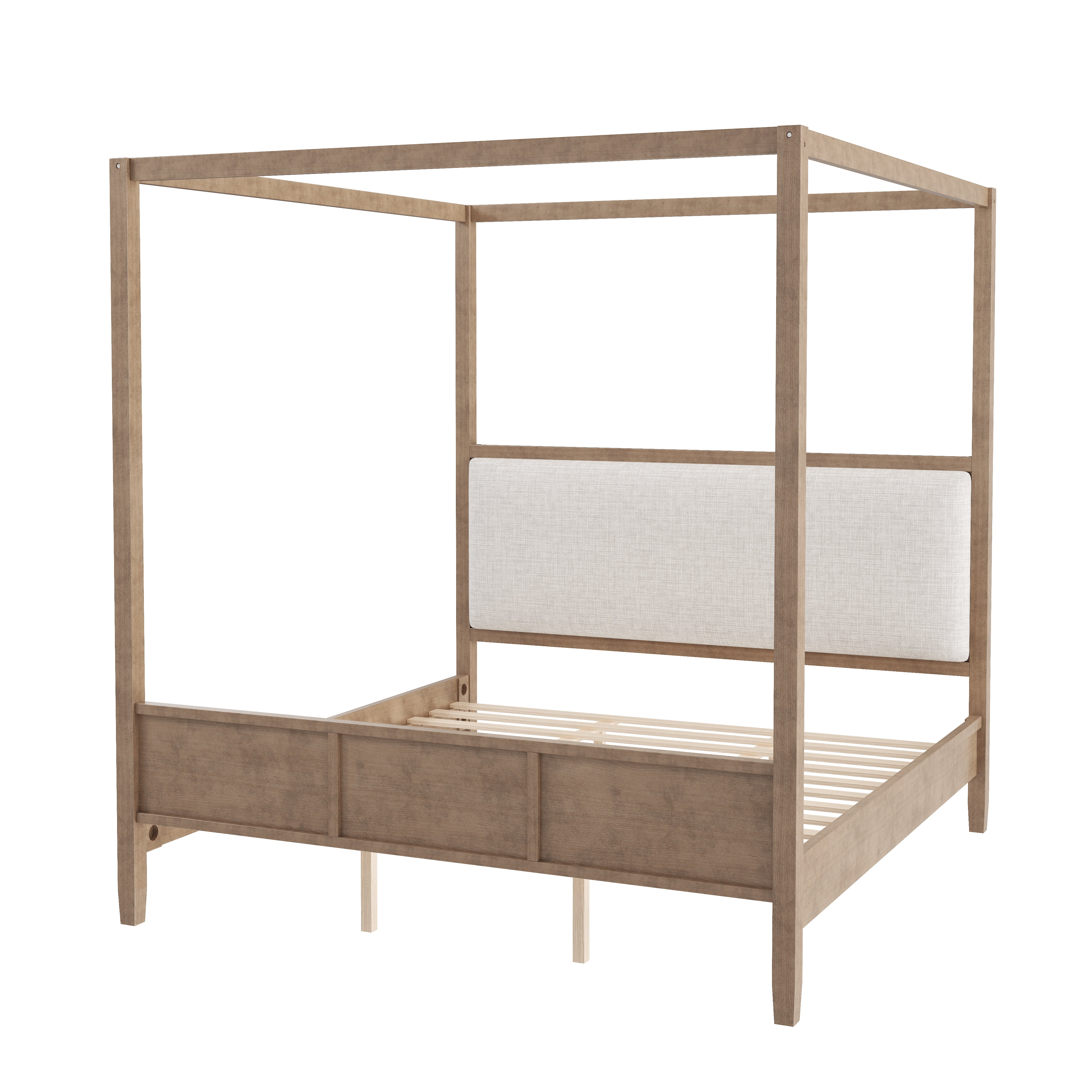 Euroco Wood King Size Canopy Bed with Upholstery Headboard, Modern Platform Bed, No Spring Box Needed, Natural