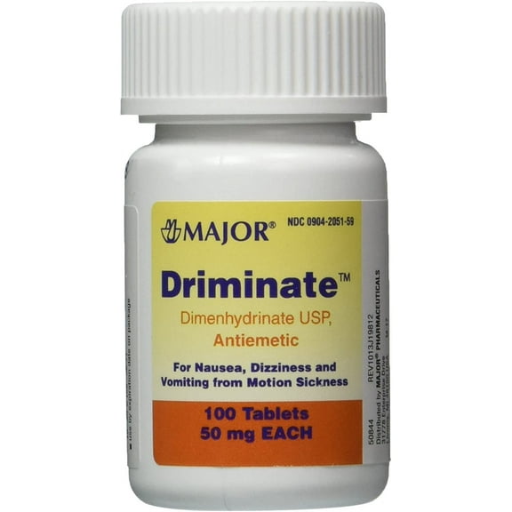 Driminate Generic for Dramamine Motion Sickness 50 mg Anti Nausea 100 count