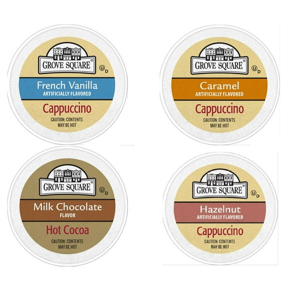 96 Count, Grove Square French Vanilla, Hot Chocolate, Halzelnut and Caramel Capuccino Coffee Pods, Keurig K-Cup Brewers