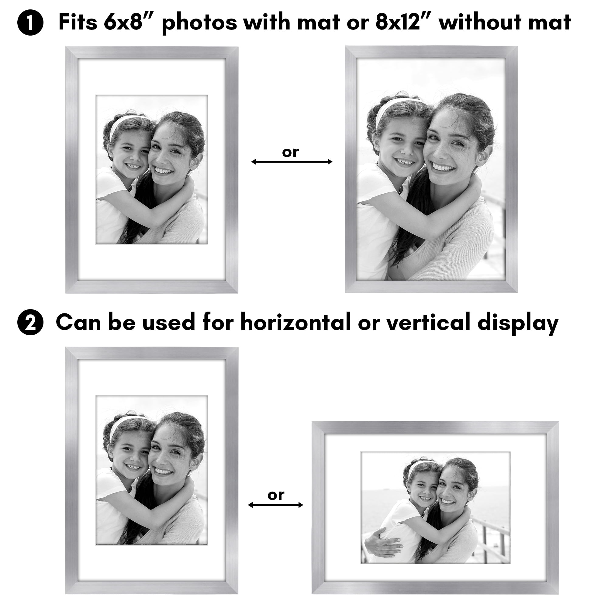 Americanflat 8x12 Picture Frame with Polished Plexiglass with 6x8 Mat 2 Pack Display Photo Galleria - Silver