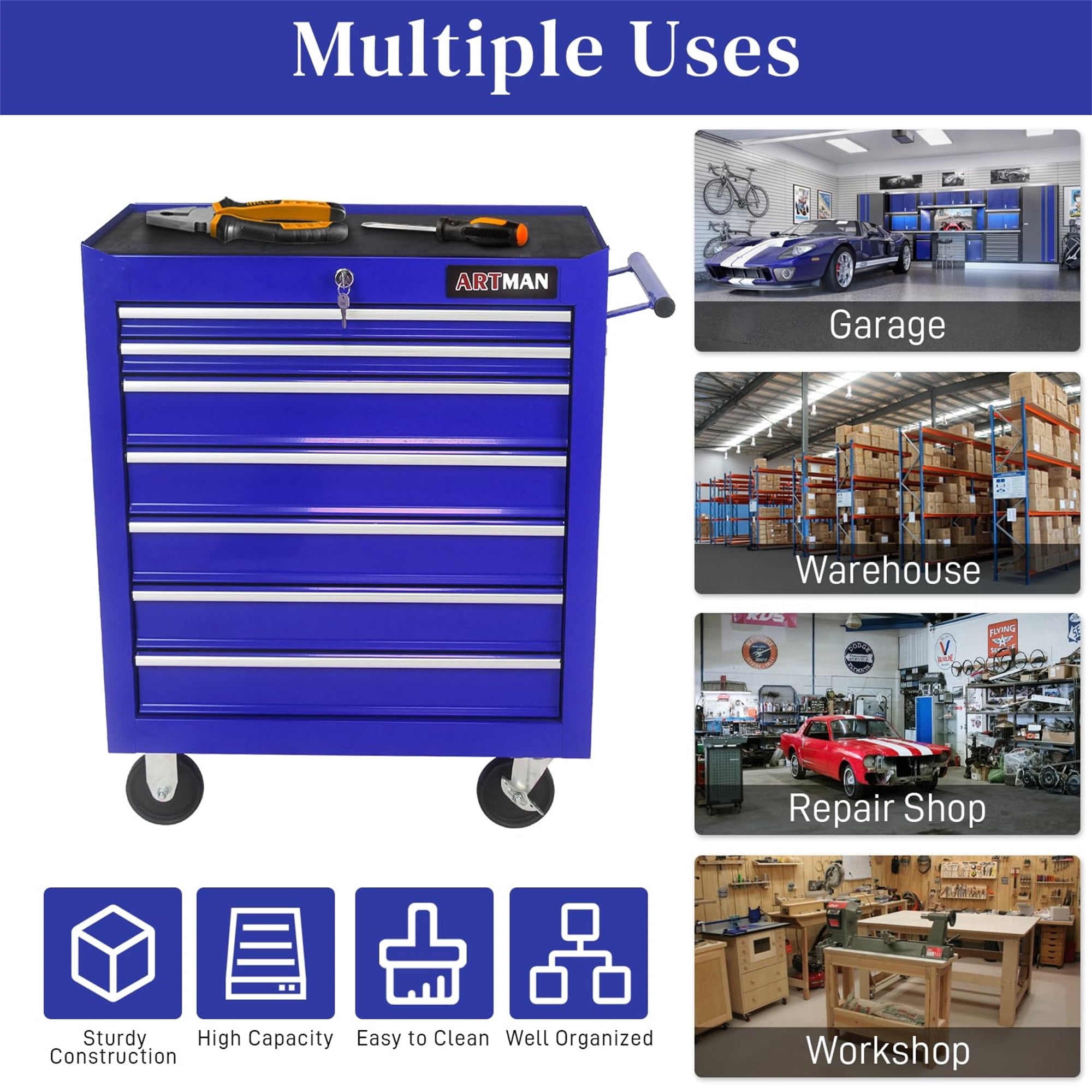 Aukfa Tool Chest, 24.5 in 7-Drawer Steel Rolling Tool Box on Wheels for Workshop Garage, Blue
