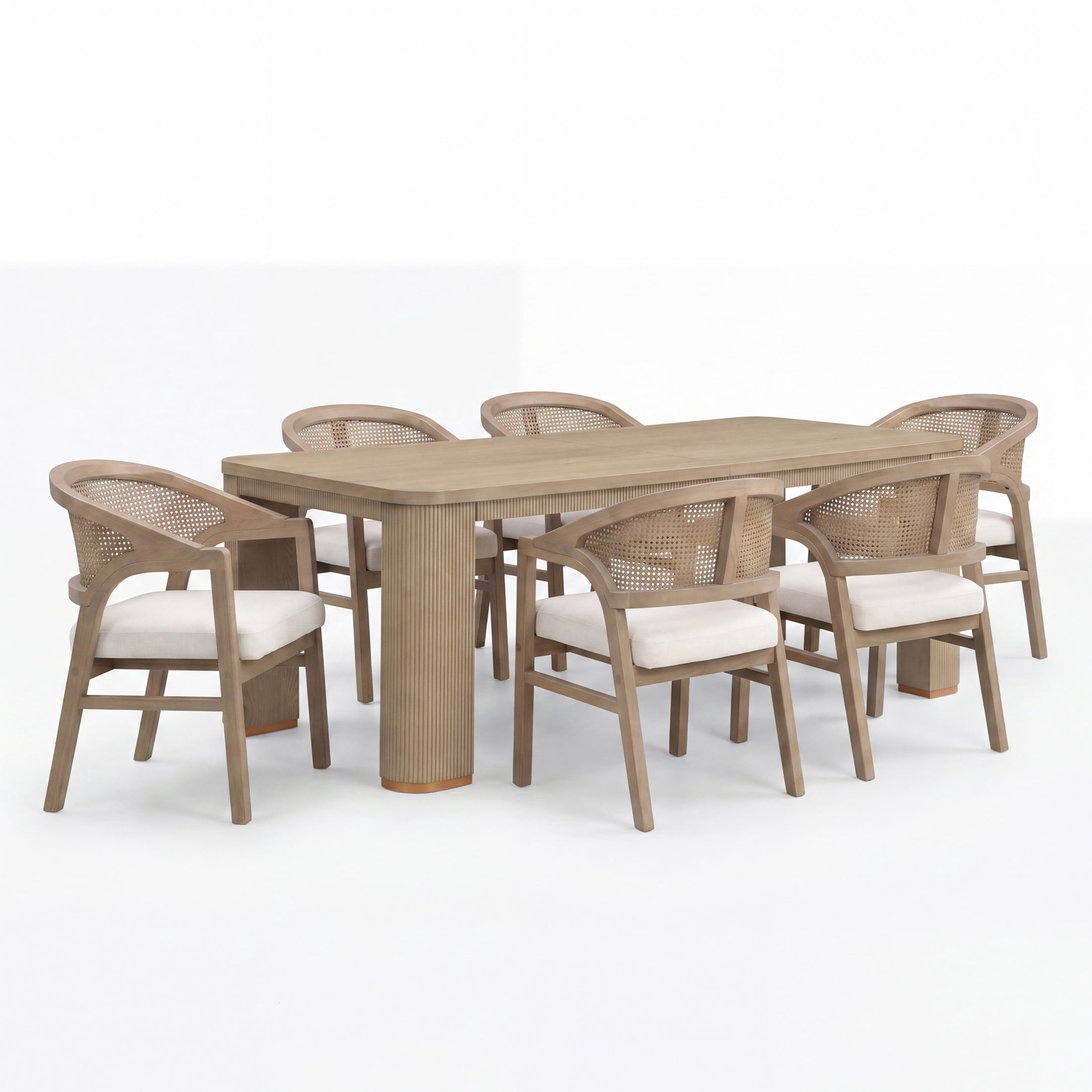 Christopher Knight Home 7-Piece Mid Century Dining Set, 90" Table with Rattan Back Wood Chairs, Light Ash