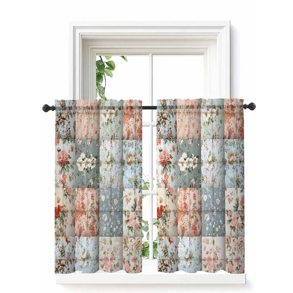 Elegant Spring Floral Curtains 45 Inch Length,Sheer Curtains for Bedroom Living Room Window Summer Botanical Plaid Farmhouse Rod Pocket Drapes Kitchen Curtains Small Half Window 42"x45" 2 Panels