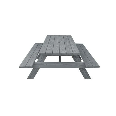 HomeRoots Gray Solid Wood Outdoor Picnic Table Umbrella Hole