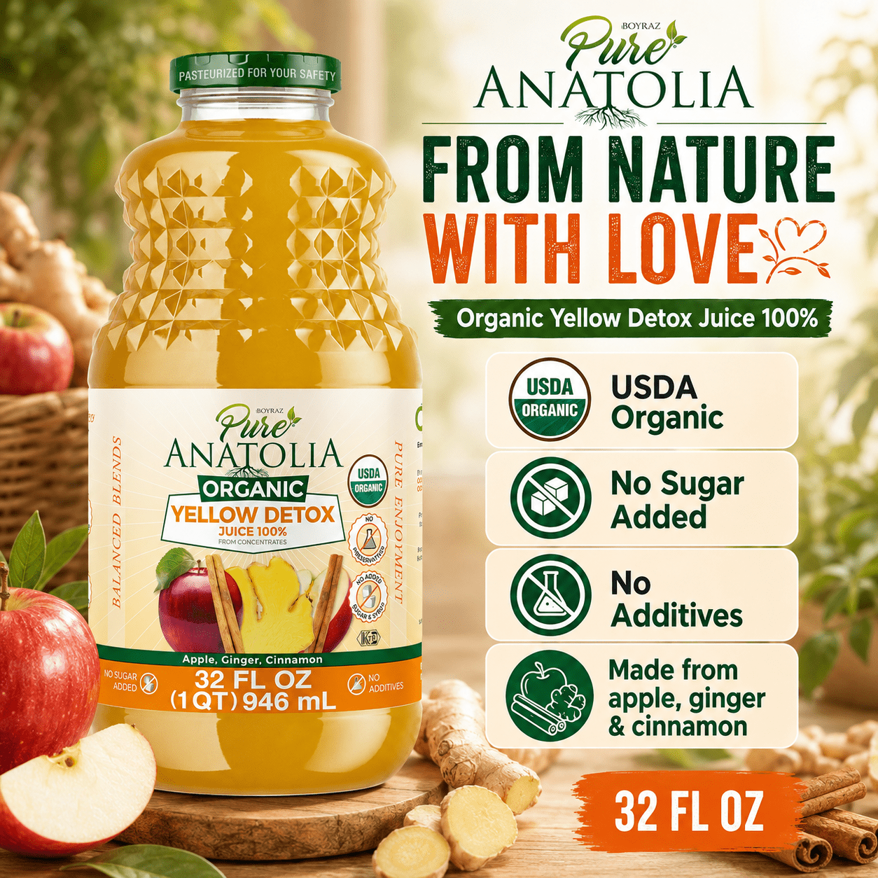 Pure Anatolia Organic Yellow Detox Apple Ginger Cinnamon Juice