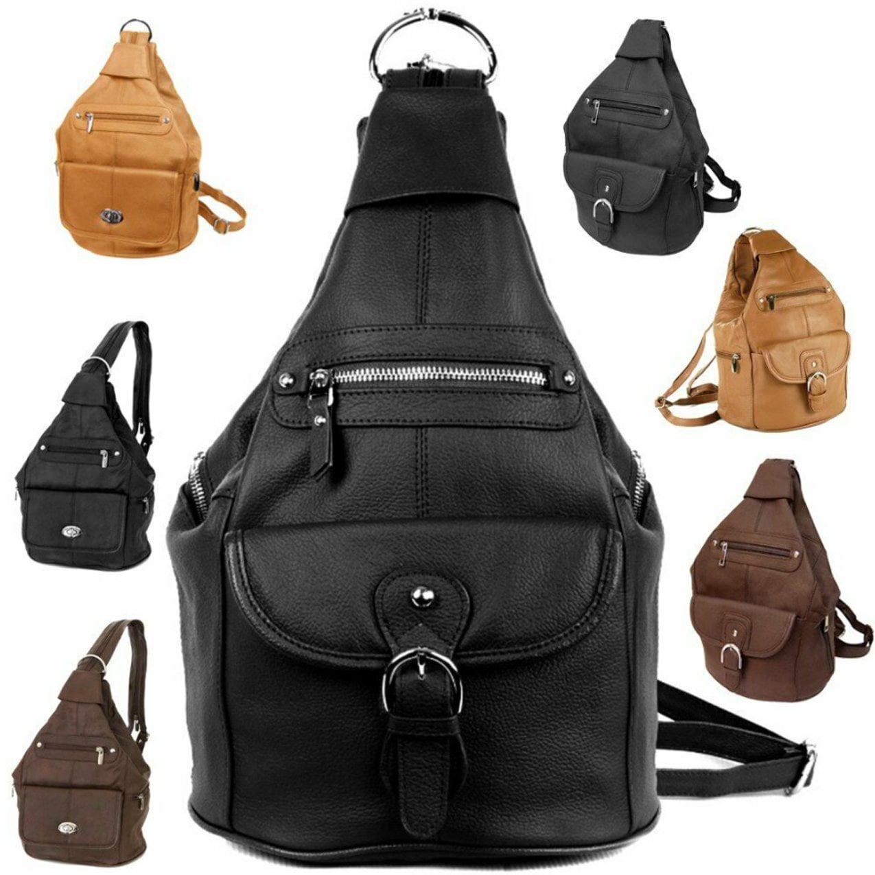 Womens Leather Convertible 7 Pocket Medium Size Tear Drop Sling Backpack Purse Bag Black 