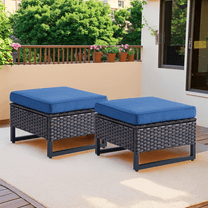 PARKWELL 2PCS Patio Rattan Ottoman Seat Foot Rest Side Table with Cushions for Indoor Outdoor,Blue