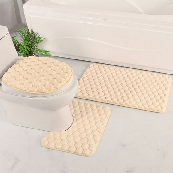 Namzi 1Pcs Solid color flannel bathroom toilet three-piece set,, 3 Piece Soft and Comfortable Bath Mat Include Toilet Lid Cover, Non-Slip Absorbentb Rugs(cream-coloured）
