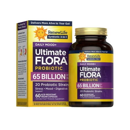 Ultimate Flora Probiotics Daily Mood Support | 65 Billion CFU | 60 Delayed Release Vegan Capsules with Ashwagandha | by Renew Life