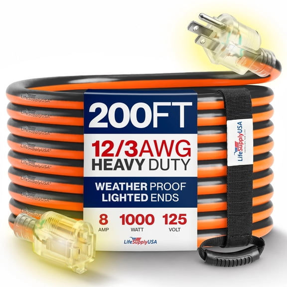 200ft Outdoor/Indoor Extension Cord 12/3 Gauge Extra Heavy Duty 3 Prong SJTW, Waterproof, Flexible Cold-Resistant Long Power Cord,8A 125V 1000W, Orange and Black by LifeSupplyUSA