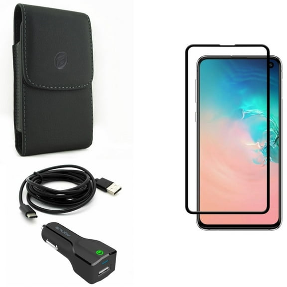 Galaxy S10e Car Charger w Case Belt Clip w Screen Protector - 24W Fast 2-Port USB 6ft Cable, Leather Holster Cover, Tempered Glass 5D Curved Edge for Samsung Galaxy S10e Phone