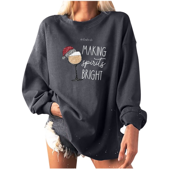 Pompotops Women Christmas Hat Print Loose O-Neck Long-Sleeved Fleece Oversized Sweatshirt Pullover