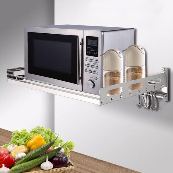 Miumaeov Microwave Shelf, Stainless Steel Wall-Mounted Kitchen Storage Rack with 12 hooks Oven Rack Oven Bracket Space Saving