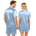 thumbnail image 5 of Garbnen Silk Matching Pajama Sets for Couples 2 Piece Short Sleeve Button Down Sleepwear Pjs Shorts Set Cozy Loungewear for Women 2 Piece Set Blue 4XL, 5 of 8