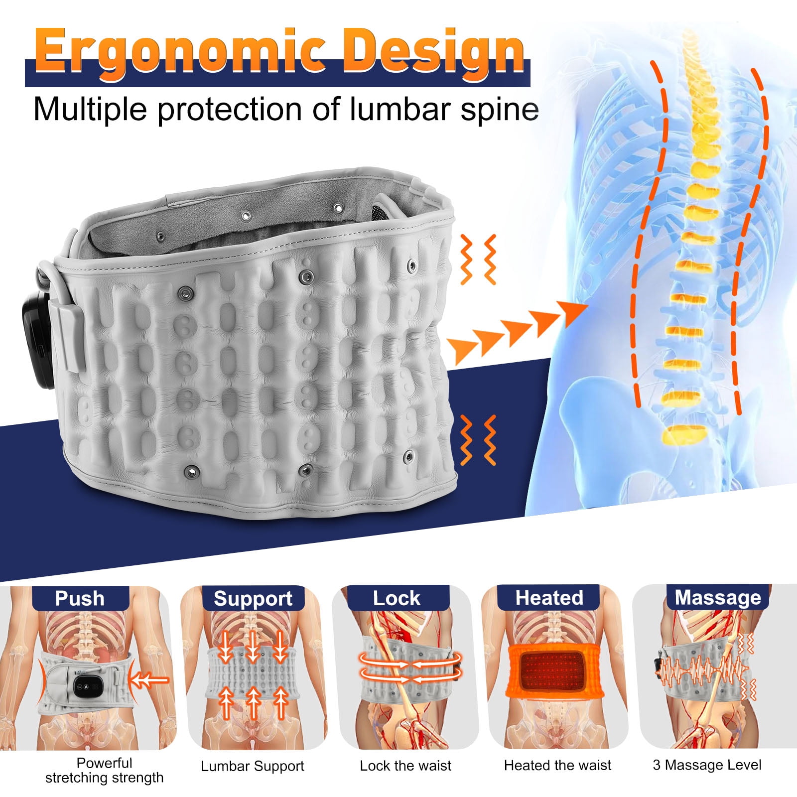 Inflatable Heating Back Brace with Bicycle Pump,Heating Pad Heated Waist Belt, Ergonomically Designed for Lumbar Care
