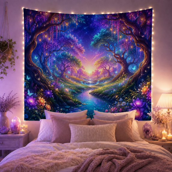 Magical Forest with Glowing Lotus Flowers and Waterfall, Dreamy Fantasy for Nature Lovers, Digital Art Wall Decor, Holiday Gift, Tapestry Wall Hanging for Bedroom and Living Room