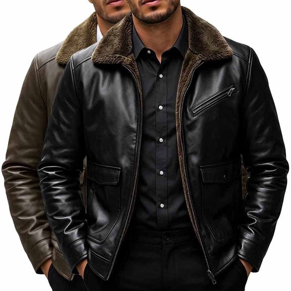 Hulanddfd Mens Jacket Aviator Faux Leather Coat, Black Shearling Collar Zip Up Outerwear with Flap & Zipper Pockets, Winter Wear