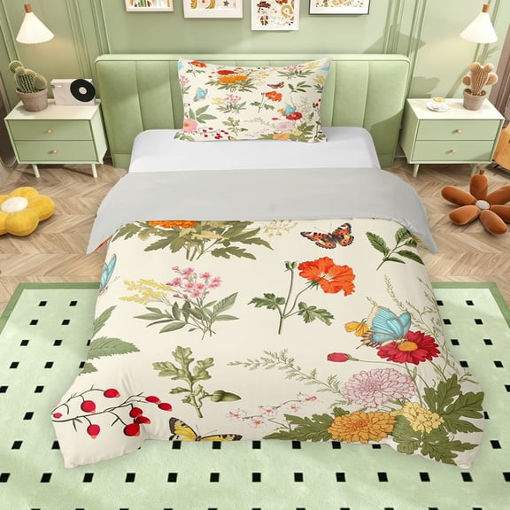 Erosebridal Garden Flower Twin Bedding for Girls, Floral Butterfly Duvet Cover Set, Gray Reversible, 2pcs 1 Duvet Cover and 1 Pillowcase, No Comforter