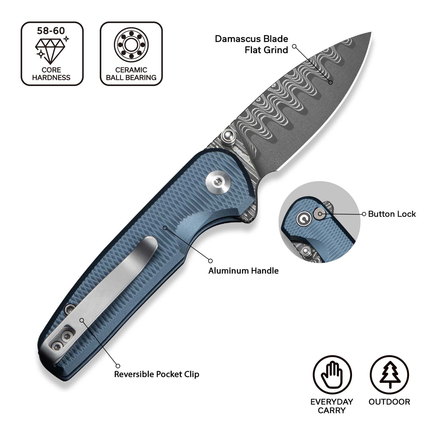 CIVIVI Mini Shakan Pocket Folding Knife with 2.48" Damascus Blade C20052F-DS1