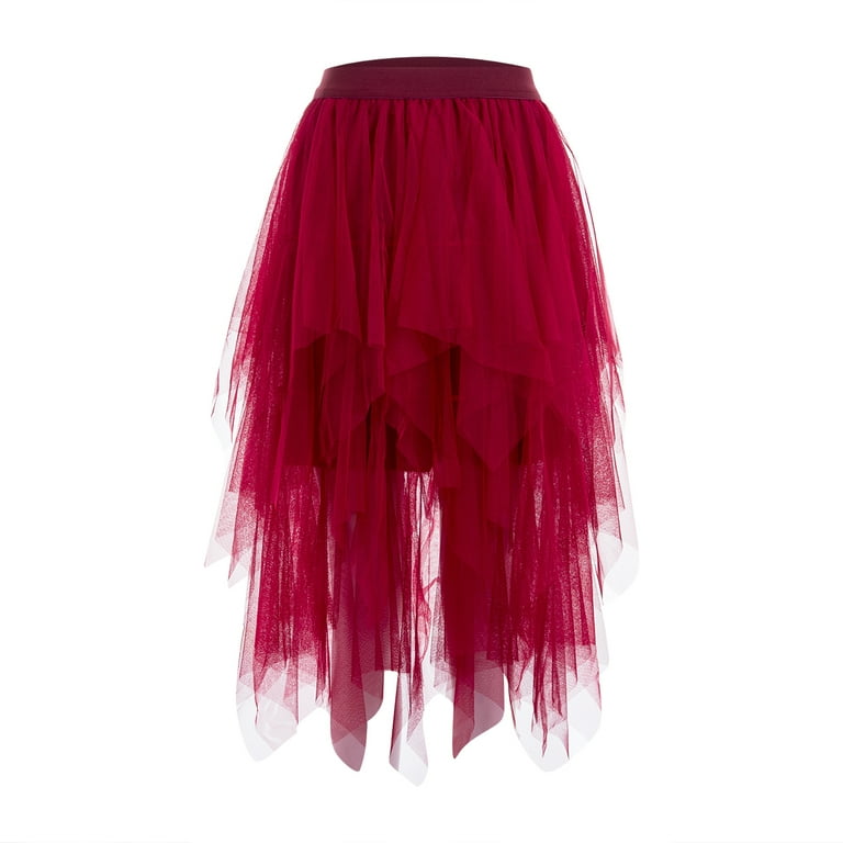 Midi Skirt Red Tulle Mesh Skirt Gureui Women's Sheer Tutu Skirt