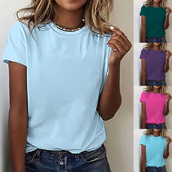 idosla Women's Cotton Tees Oversized Relaxed Fit Short Sleeve Spring Casual Going Out Tops Vintage Boyfriend T-Shirt (Sky Blue, L)