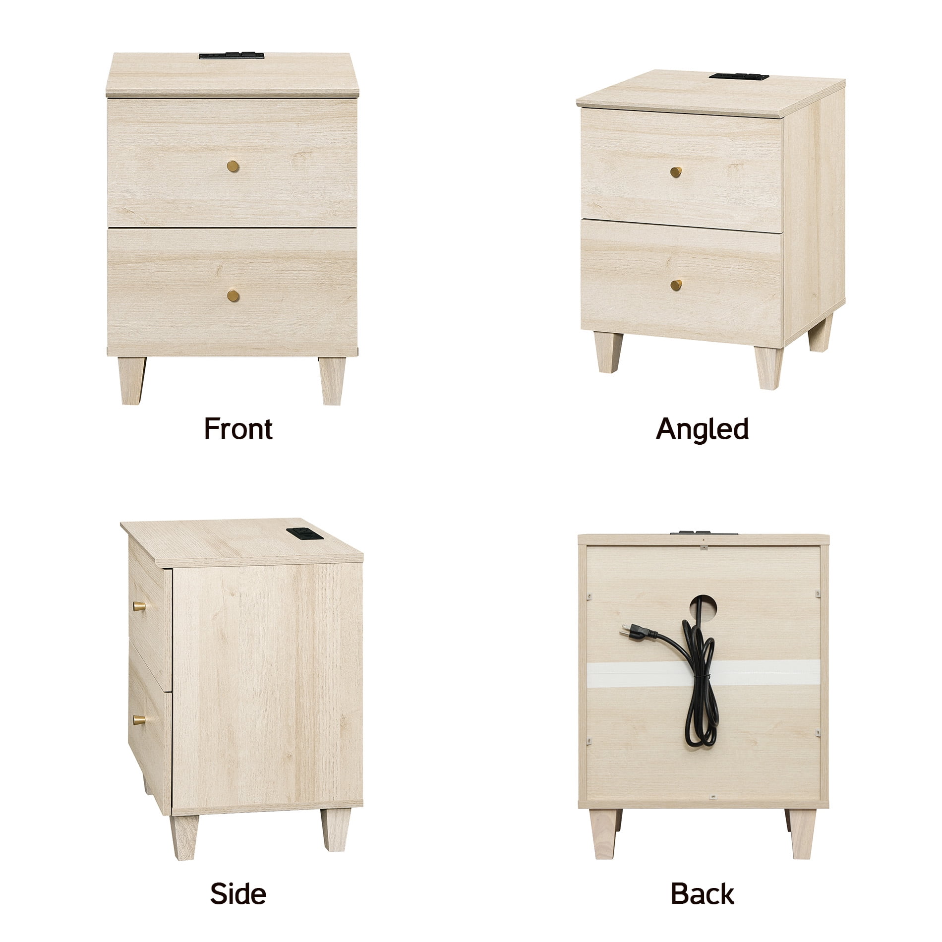 WAMPAT Modern Nightstand with Charging Station, Wooden End Table with 2 Large Drawers, Small Bedside Table for Bedroom, Natural Oak