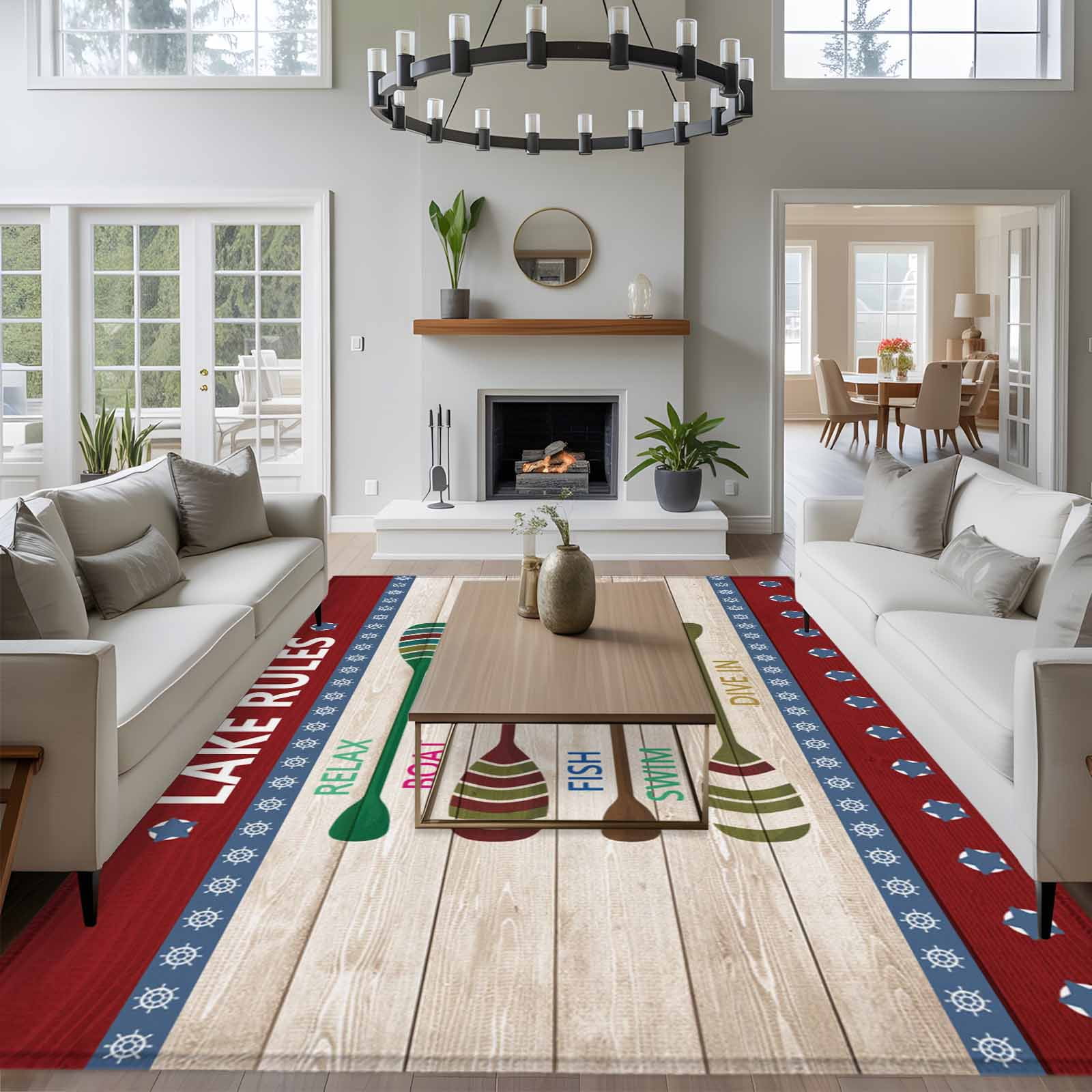 8x10 Area Rugs for Living Room, Lake Rules Non Slip Area Rugs for Kitchen Bedroom Entryway, Red Green Brown Paddle Striped Rudder Wooden Washable Carpet Runner Rug Floor Mats for Bedroom Home Decor