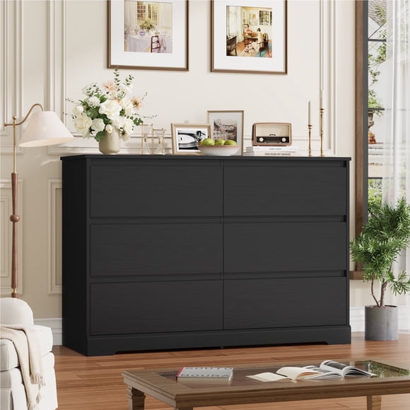 Homfa 6 Drawer Double Dresser for Bedroom, 47.2'' Wood Storage Side Cabinet Chest of Drawer Living Room, Black