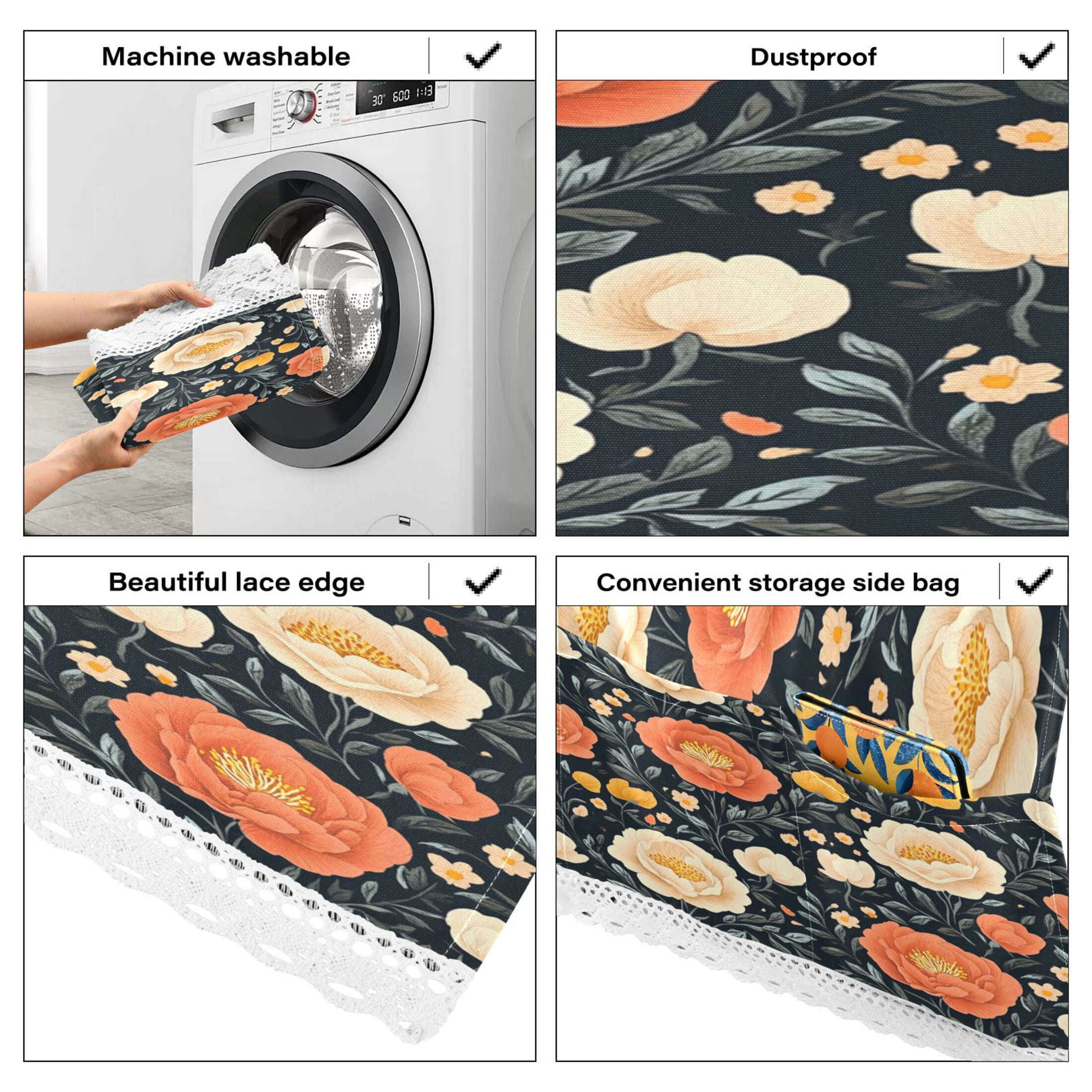 Nostalgic Peonies PatternWasher and Dryer Covers Dust-Proof and Oil Resistant Fridge Cover with 4 Storage Pockets Washing Machine Top Cover for Laundry Kitchen Home 51.2 x 22 In
