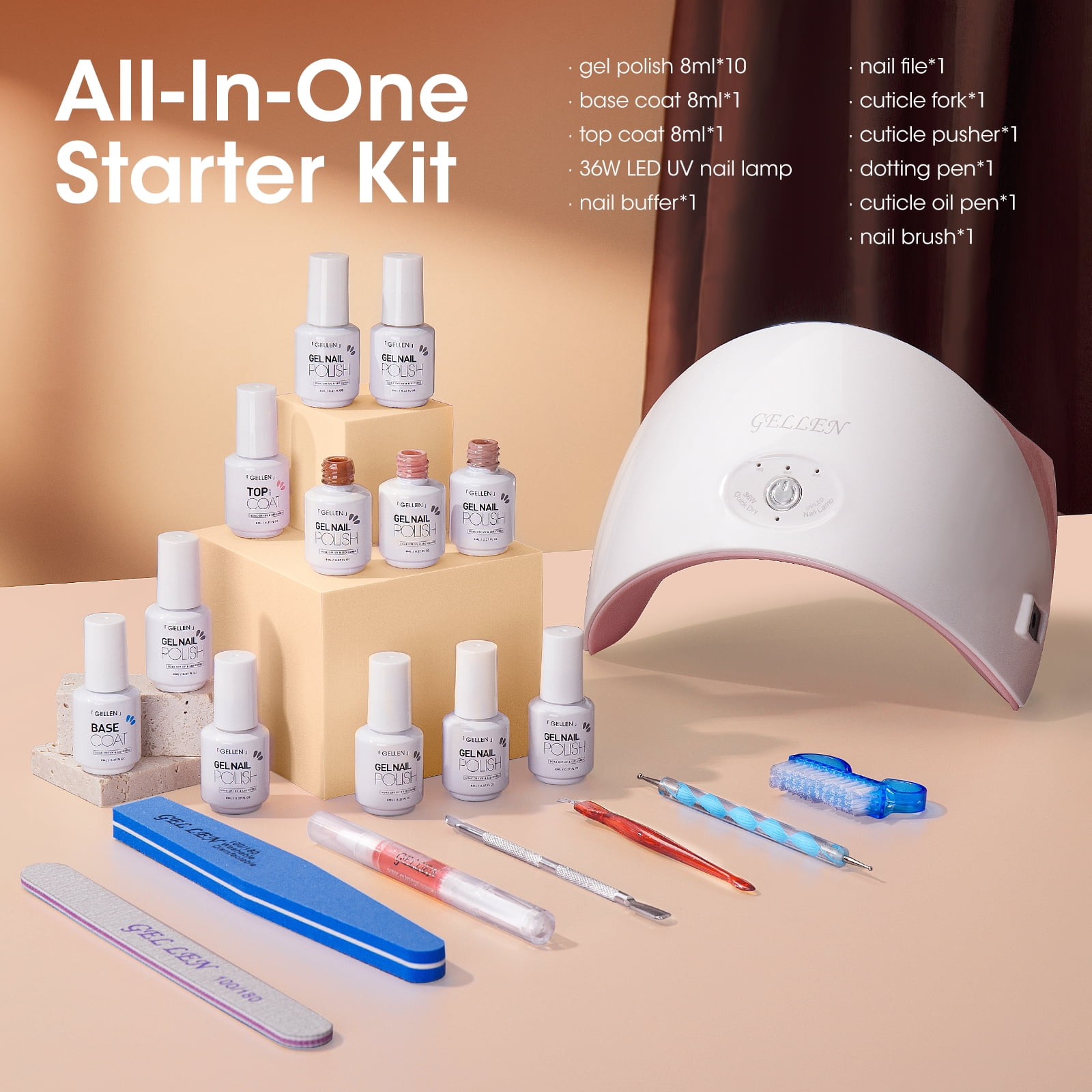Gellen Gel Nail Polish Starter Kit with UV Lamp, 10 Colors White Brown Color Gel Polish with 36W Nail Lamp Top & Base Coat Nail Tools Manicure Set, All-In-One Gel Nail Polish Kit